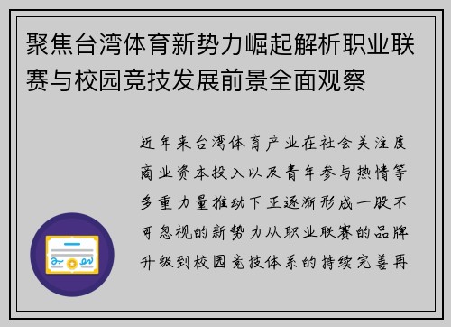 聚焦台湾体育新势力崛起解析职业联赛与校园竞技发展前景全面观察